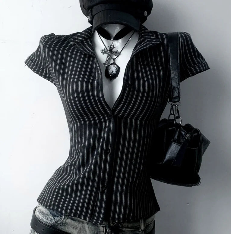 Y2K Woman's Clothing Personality Long Sleeve Hot Girl Tops Fashion Popular Sexy Trappings Stripes Cute Casual Daily Halter Tops